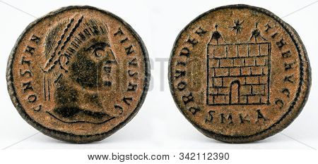 Ancient Roman Copper Coin Of Emperor Constantinus I Magnus.