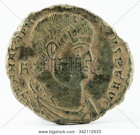 Ancient Roman Copper Coin Of Emperor Magnentius. Obverse.