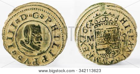 Ancient Spanish Copper Coin Of King Felipe Iv. Coined In Madrid In The Year 1663. !6 Maravedis.