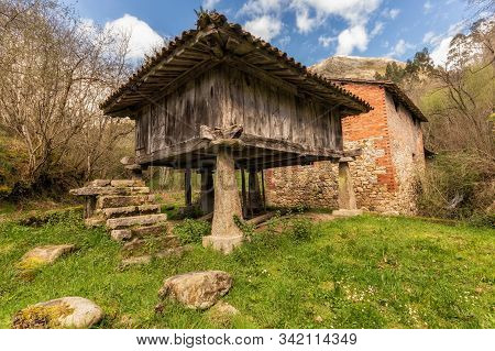 Horreo Asturiano. Asturian Barn. Popular Architecture In Riocaliente. Asturias. Spain.