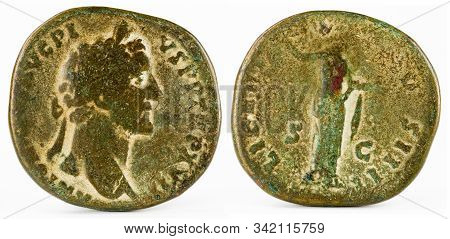 Ancient Roman Bronze Sertertius Coin Of Emperor Antoninus Pivs.