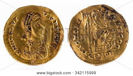Ancient Roman Gold Solidus Coin Of Emperor Honorius.