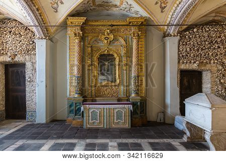 Evora Portugal- October 20, 2015: The Capela Dos Ossos (chapel Of Bones), Church Of St. Francis.the 