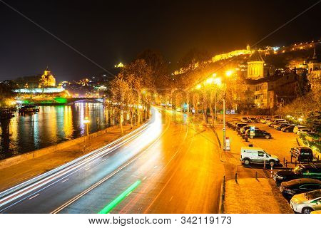 Night View Of Tbilisi City Downtown