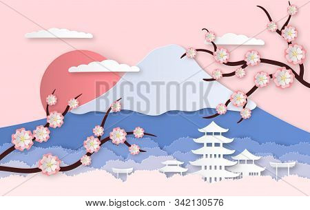 Paper Sakura. Panorama Landscape With Japanese Trees, Garden Flowers And Hills. Paper Cut Style Orig