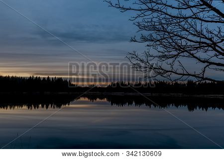 Ponds In Krusne Hory Mountains In Winter Cloudy Evening