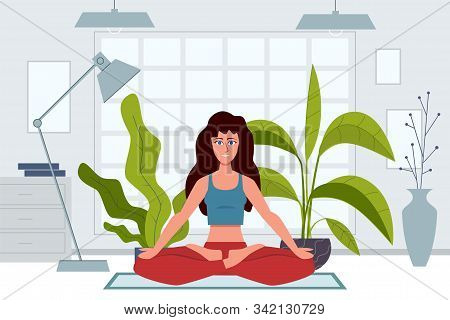 Yoga Characters. Woman Does Exercises Warming Up And Stretching At Home, Meditation On Nature, Physi