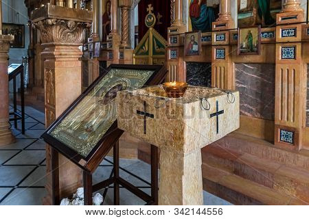 Jerusalem, Israel, December 28, 2018 : Place For Lighting Candles In The St. Nicholas Church In Bayt