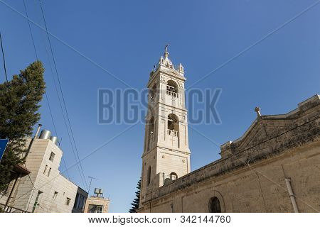 Jerusalem, Israel, December 28, 2018 : St. Nicholas Church Bell Tower In Bay Jala - A Suburb Of Beth