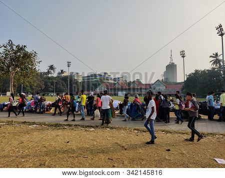 Mumbai, Maharashtra, India - December 2019: People Walking Around The Azad Maidan During The Weekend