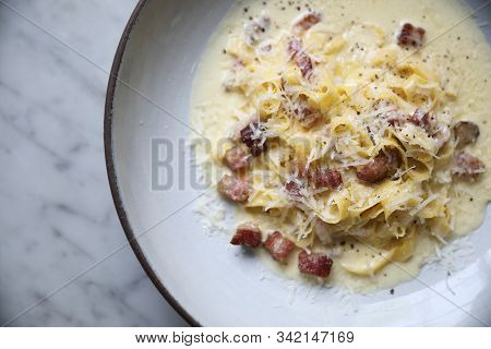 Fettuccine Carbonara , Fettuccine Pasta Spaghetti With Bacon Ham And Mushroon In White Sauce Italian