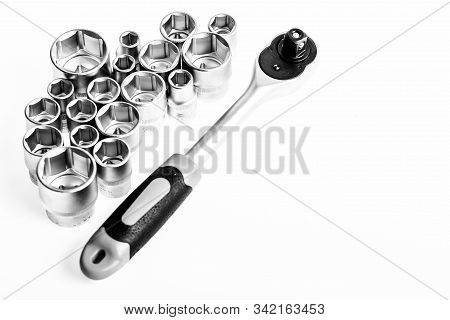 Universal Socket Set White Background Isolated. Crafts And Repair. Knob For Socket Wrench Nut Ratche