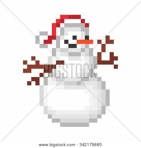 Three-ball Snowman With A Carrot Nose & Twig Hands In A Red Santa's Hat, Old School 8 Bit Pixel Art 