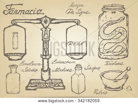 A Set Of Hand-drawn Sketches Of Ancient Pharmaceutical Supplies (scales, Bottles, Mortar And Pestle,