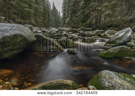 Vydra River In Winter Cold Day In National Park Sumava