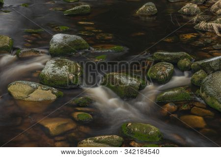 Vydra River In Winter Cold Day In National Park Sumava