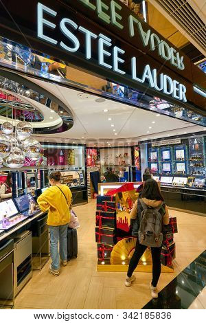 HONG KONG, CHINA - CIRCA JANUARY, 2019: women shopping for personal care products on display at Estee Lauder store in New Town Plaza shopping mall