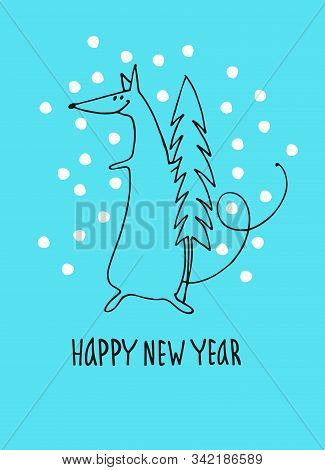 Happy New Year Greeting Card With Rat, Zodiac Animal For 2020. Funny Horoscope Rat With New Year Tre