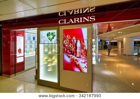 HONG KONG, CHINA - CIRCA JANUARY, 2019: Clarins storefront in New Town Plaza shopping mall