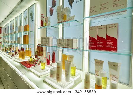 HONG KONG, CHINA - CIRCA JANUARY, 2019: personal care products on display at Clarins store in New Town Plaza shopping mall