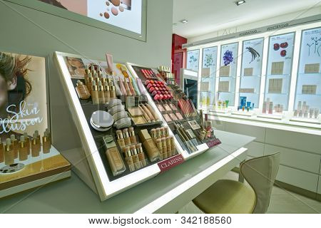 HONG KONG, CHINA - CIRCA JANUARY, 2019: personal care products on display at Clarins store in New Town Plaza shopping mall