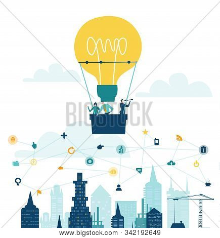 Business People Flying With Ant Hot Air Balloon Shaped As Light Bulb. Flying Over The City.  Start U