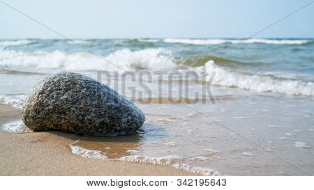 Stone On The Beach Of The Polish Baltic Sea Coast Near Rewal