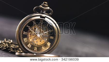 Antique Old Pocket Watch Dial Close-up. Vintage Hipster Clock Measuring Time.