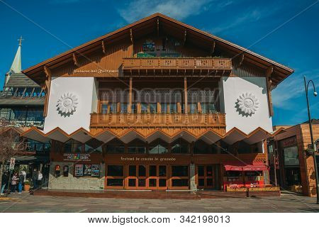 Gramado, Brazil, July 21, 2019. Charming Facade From Festivals Palace And People On Borges De Medeir