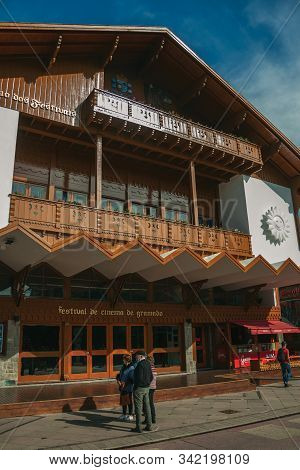 Gramado, Brazil, July 21, 2019. Charming Facade From Festivals Palace And People On Borges De Medeir