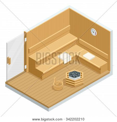 Isometric Sauna Interior. Finnish Sauna, Classic Wooden Sauna. Wooden Benches And Loungers Accessori
