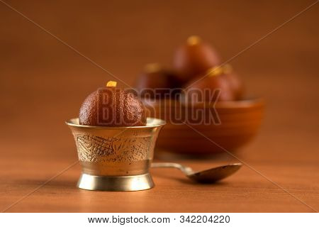 Gulab Jamun In Bowl And Copper Antique Bowl With Spoon. Indian Dessert Or Sweet Dish.