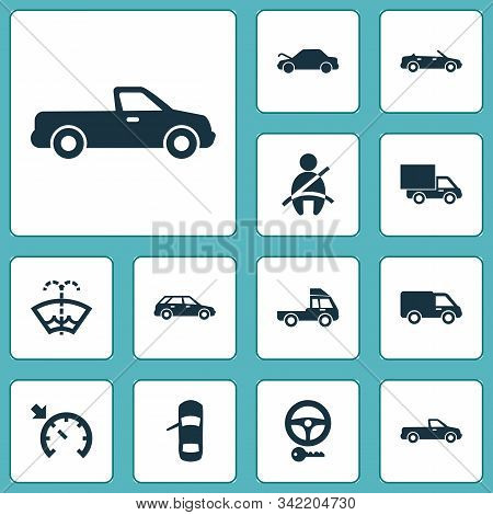 Automobile Icons Set With Lorry, Seat Belt Not On, Pickup And Other Autocar Elements. Isolated Illus