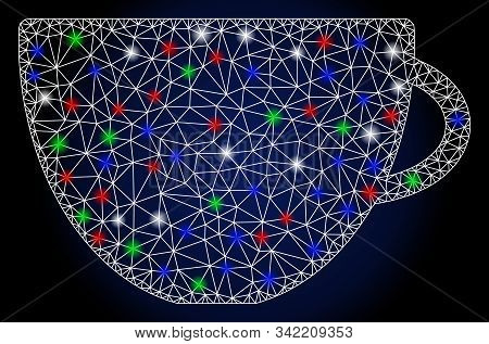 Glowing White Mesh Tea Cup With Lightspot Effect. Abstract Illuminated Model Of Tea Cup. Shiny Wire 