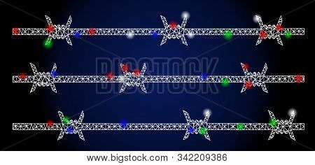 Glowing White Mesh Barbwire Fence With Sparkle Effect. Abstract Illuminated Model Of Barbwire Fence.
