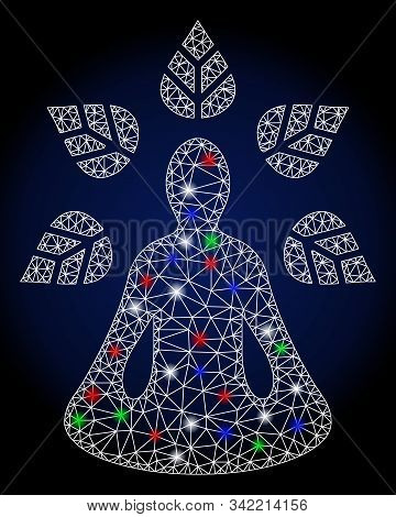 Glowing White Mesh Ioga Wellness With Glitter Effect. Abstract Illuminated Model Of Ioga Wellness. S