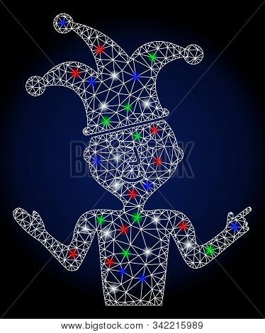 Glowing White Mesh Sarcasm With Glitter Effect. Abstract Illuminated Model Of Sarcasm. Shiny Wire Ca