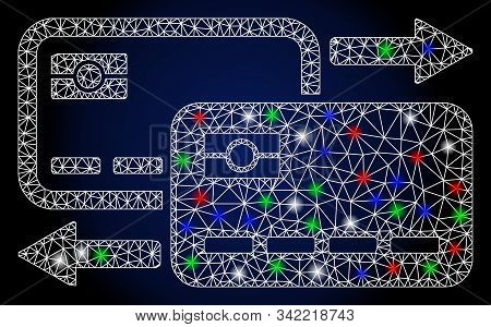 Bright White Mesh Card To Card Payment With Glitter Effect. Abstract Illuminated Model Of C2c Bank P