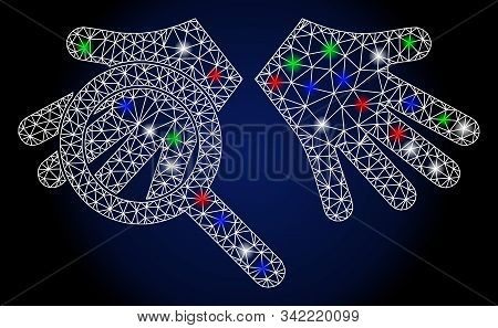 Glowing White Mesh Hands Tranparency With Glare Effect. Abstract Illuminated Model Of Hands Tranpare