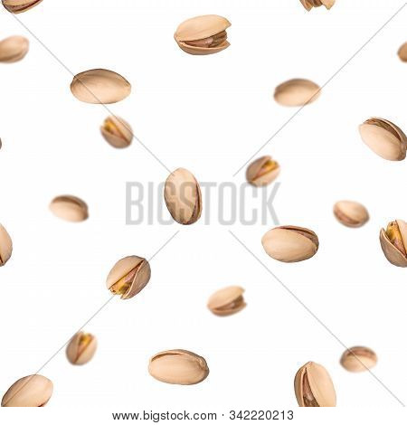 Seamless Pattern With Falling Pistachio Nuts Isolated On White Background. Levity Kernels.