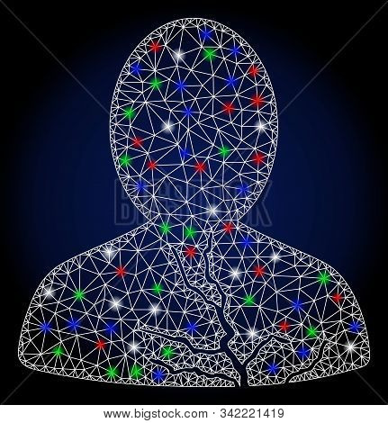 Glowing White Mesh Carcinoma Patient With Glare Effect. Abstract Illuminated Model Of Carcinoma Pati