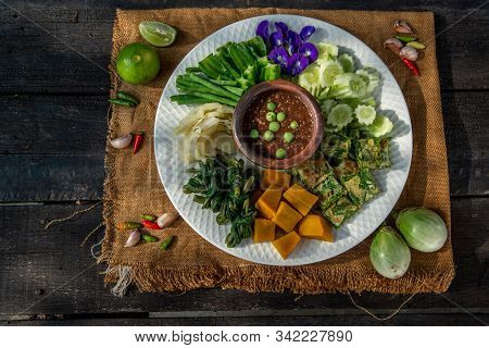 Thai Traditional Local Food : Spicy Shrimp Paste Dip Or Fried Shrimp Paste Sauce (nam Prik Kapi) Wit