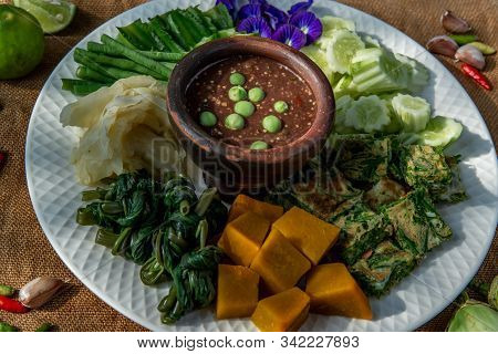 Thai Traditional Local Food : Spicy Shrimp Paste Dip Or Fried Shrimp Paste Sauce (nam Prik Kapi) Wit