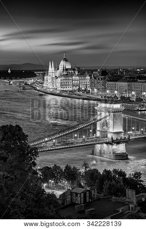 Budapest Hungary, Sunset Panorama Of Budapest, Hungary, With The Chain Bridge And The Parliament Bla
