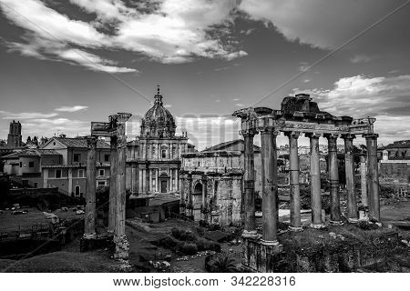Roman Forum Architecture In Rome Italy City Center. Rome Ethernal City Architectural Details. Black 