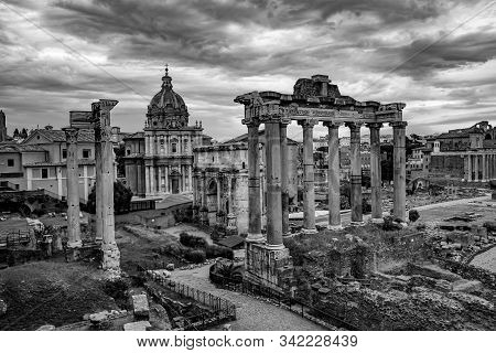 Roman Forum Architecture In Rome Italy City Center. Rome Ethernal City Architectural Details. Black 