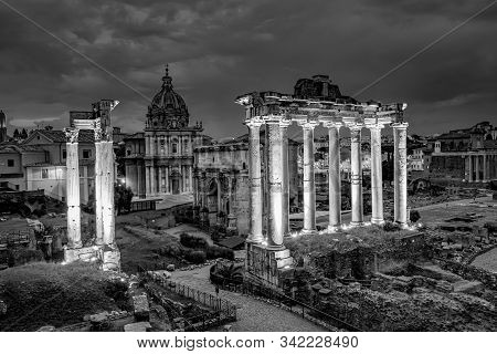 Rome Italy Sunset With Roman Forum Ruins And Beautiful Light. Rome Ethernal City Architectural Detai