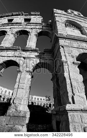 Roman Temple Colloseum Amphitheatre In Pula Croatia Black And White Photography