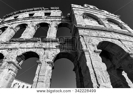 Roman Temple Colloseum Amphitheatre In Pula Croatia Black And White Photography