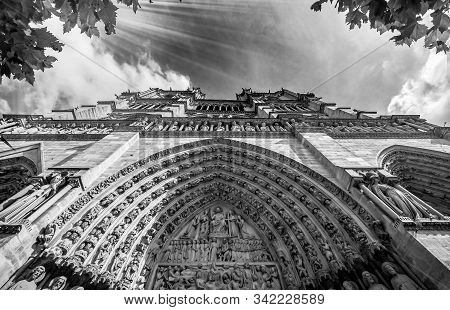 Notre Dame In Paris France. Notre Dame Cathedral With Beautiful Gothic Architecture Black And White 
